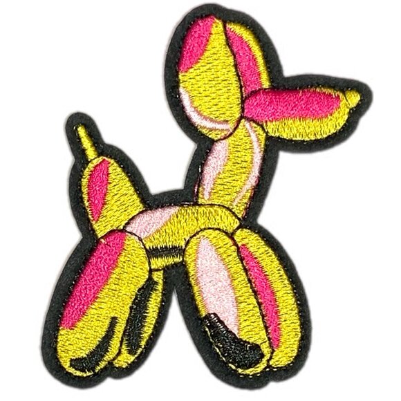 Balloon Dog Embroidered Patch Yellow Pink Fuchsia Black Iron On - Picture 2 of 4